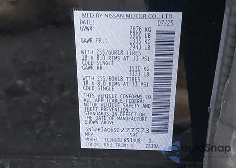 2025 Nissan Pathfinder S 4Wd z USA, uszkodzony, nr VIN 5N1DR3AC6SC277573